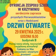 Dyrekcja Zespołu Szkół w Krzywiniu zaprasza przyszłych Pierwszoklasistów z Rodzicami